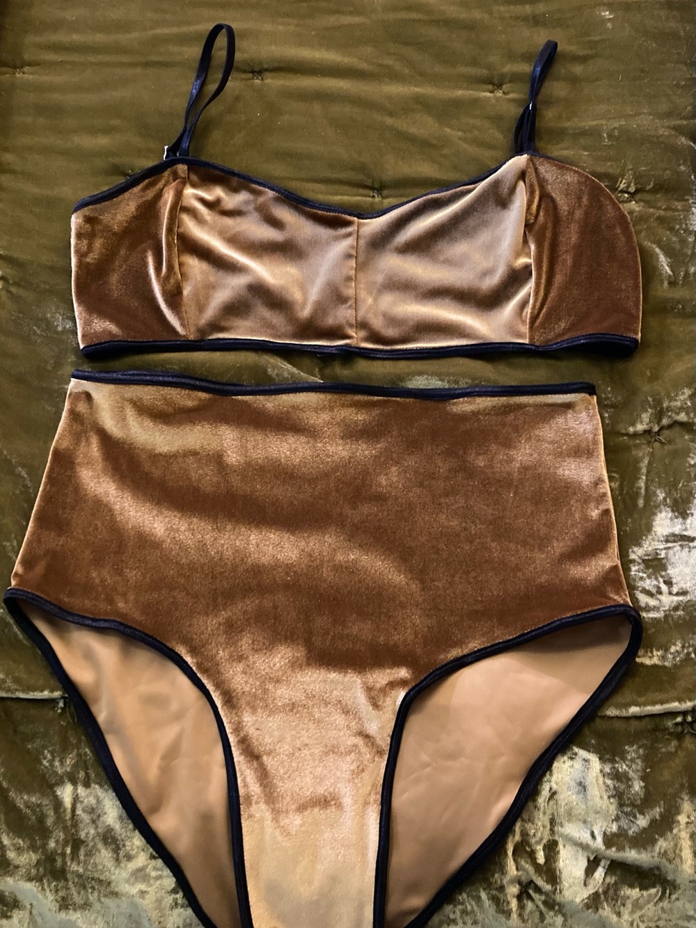 Handmade High-Waist Velvet Bralette Set in gold with Black Trim